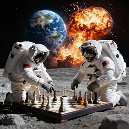 astronauts playing chess on the moon while earth explodes in the background, high detail, poster