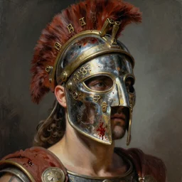 A mixed media portrait painting of a man wearing the roman gladiator mask-of-Damocles, detailed mask, detailed jaw and eyes, detailed head and shoulders, dried blood, by Frank Frazetta, Greg Rutkowski, Beeple, Yoko Taro, Christian MacNevin, epic fantasy character art, roman numerals, high fantasy, CGsociety, full length, exquisite detail, post-processing, masterpiece, volumetric lighting, cinematic