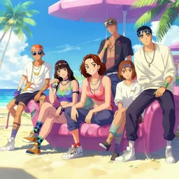 beautiful anime illustration of hiphop solarpunk summertime chill, by jeff lemire, hethe srodawa, james stokoe, jesper ejsing, jeremy lipking, laurie greasley. trending on artstation, 8 k, masterpiece, graffiti paint, fine detail, full of color, intricate detail, golden ratio illustration, face enhance