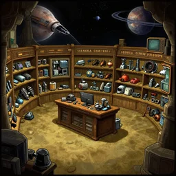 inside a store that sells spaceship parts, in a remote outpost, on a remote planet, from a sierra point and click 2 d graphic adventure game, set design inspired slightly by tomb raider, art inspired by [ thomas kinkade ] and mark keathley