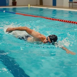 photograph of jordan knight swimming in a public swimming pool, film still, 8 k