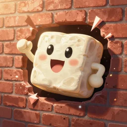 an anthropomorphized block of tofu busting through a brick wall, cartoon style, inspired by the kool aid man