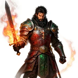 strong young man, photorealistic bugbear ranger holding sword, fire magic, black beard, dungeons and dragons, pathfinder, roleplaying game art, hunters gear, jeweled ornate leather and steel armour, concept art, character design on white background, by norman rockwell, makoto shinkai, kim jung giu, artstation trending, poster art, colours red and green
