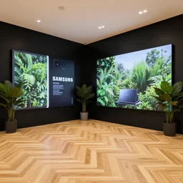 hyperdetailed ethereal samsung store, oak parquet, black walls, digital walls, plants