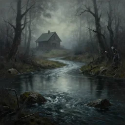 grunge painting of a horror river. in the distance, there is a haunted shed. by bob ross, albert bierstadt, grim, gothic, foggy background, immaculate scale, hyper - realistic, trending on artstation, 8 k, detailed, atmospheric, immaculate