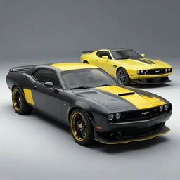 a muscle car based on nissan, aston martin and chevy sports car body styles, with black and yellow paint, nissan sports cars, chevy sports cars, trending on artstation, unreal engine, studio lighting, hyper realistic, by jotaautomotive, nancorocks and khyzylsaleem
