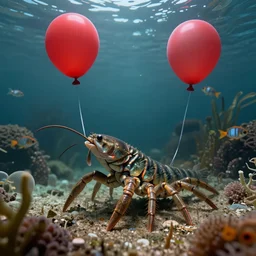a hybrid between scolopendra and a fish, holding a red baloon in a leg, phorealistic marine scene, detailed, volumetric light