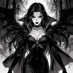 Elvira in a dark comic book, the dark goddess summons evil, manga style artwork