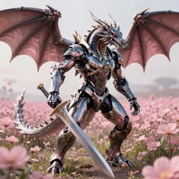 ultrarealistic cinematic cyborg dragon holding sword in a field of pale pink flowers, highly detailed smooth digital art masterpiece, vitaly bulgarov artgerm dramatic light, ground angle uhd 8 k, sharp focus