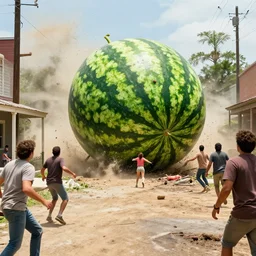 The giant watermelon rampaged through the town, leaving a path of destruction in its wake. The townspeople were terrified. They had no idea how to stop the giant fruit. , Hollywood scene