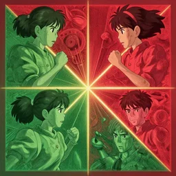 green fighting red, high intricate details, rule of thirds, golden ratio, cinematic light, anime style, graphic novel by fiona staples and dustin nguyen, by beaststars and orange, peter elson, alan bean, studio ghibli, makoto shinkai
