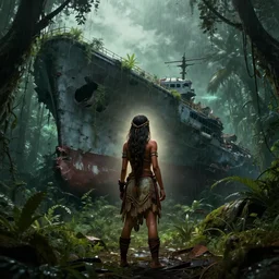 low angle shot of a tribal woman from behind, in front of a rotten post apocalyptic aircraft carrier on the ground overgrown with vegetation, rain forest, by Luis Royo, by Greg Rutkowski, dark, gritty, intricate, backlit, strong rim light, cover illustration, concept art, volumetric lighting, volumetric atmosphere, sharp focus, octane render, trending on artstation, 8k