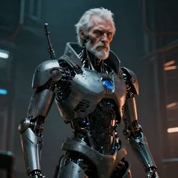 masterpiece ultra realistic illustration of an old man cyborg, dramatic, cinematic, ambient, unreal engine 5, cyberpunk, sci-fi fantasy. in the style of wlop, rossdraws, artstation trending.