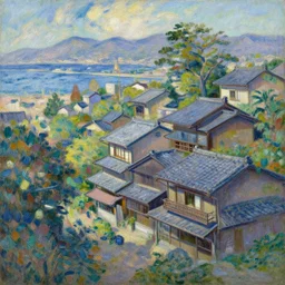 a beautiful japanese city near the sea, ryokans and edo era houses, cyberpunk, year 1 9 2 0, oil painting in impressionist style, by monet, multiple brush strokes, inspired by ghibli and makoto shinkai, masterpiece