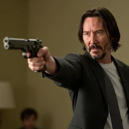 Keanu Reeves pointing a gun at Walter White, photorealistic