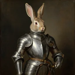 portrait painting of a bunny dressed as a knight with heavy metal armor  by George Stubbs, renaissance painting, oil painting, old master