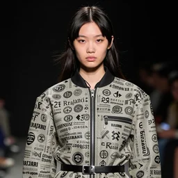 ektachrome, youthful asian demure, exquisite features, feminine cut, frontiers in flight leather hazmat suit densely covered iconic fashion branding, a. rrajani