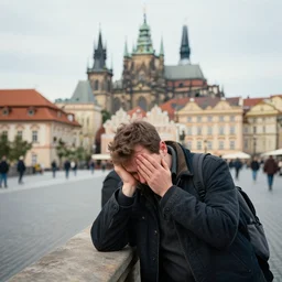 a hungover man in Prague, 4K photograph, professional photograph, extremely detailed