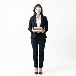 masked teacher with books, cinematic studio photo, full body, standing, isolated on a pure white background, centered, whole figure in frame, sharp focus, studio lighting