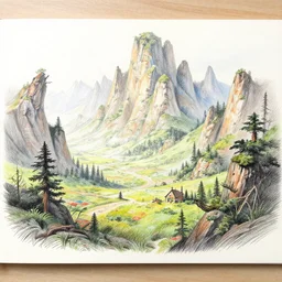 A colored-pencil scribble landscape drawing painting. A highly detailed fantasy scenery illustration by Wayne Reynolds and Charles Monet and Gustave Dore and Carl Critchlow and Bram Sels