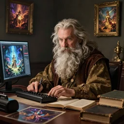 A bearded wizard uses radio equipment at a desk cluttered with tomes, digital 2d fantasy art