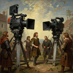 aa movie set of a medieval movie with gigantic cameras, highly detailed painting by gaston bussiere, craig mullins, j. c. leyendecker