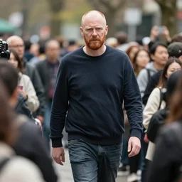 a 3 0 foot tall, ginger, balding man walking among the crowd