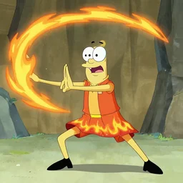 squidward wearing fire nation clothing and practicing firebending