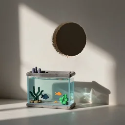 plasticine sculpture. fish tank in hospital waiting room. shadows. john craxton. shadows. stop motion. clay. hole in wall. minimal.
