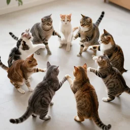 ring of cats holding paws dancing