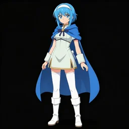 a blue-haired traveller, alchemist girl, short hair, wearing a headband, short pale tunic and white stockings, high boots, azure cape, anime character; full body art, in the Japanese fantasy videogame; character concept art; trending on artstation, highly detailed, clean lineart, vector line art, clean, by Ilya kuvshinnikov, black background