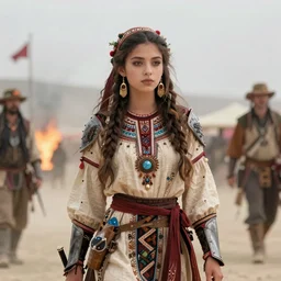 detailed ultrarealistic photography front medium shot of dnd fantasy burningman festival ethnic rustic emma girl warrior leyendecker, norman rockwell, greg rutkowski, jim henson artstation cinematic, vray game of thrones, lord of the rings