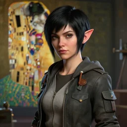 a portrait of a beautiful female gnome engineer, short black pixie undercut hairstyle, hyper detailed, digital art, trending in artstation, cinematic lighting, studio quality, octane rendered, art style by klimt and nixeu and ian sprigger and wlop and krenz cushart