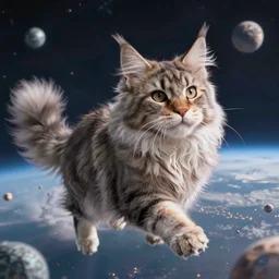 A fluffy Maine Coon travelling through space. High resolution. Highly detailed. Art station. 8k