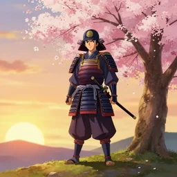 samurai in armor standing on a hill at sunset, a cherry blossom tree is next to the samurai, in the style of anime