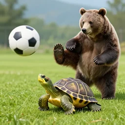 a turtle sitting on a football gets kicked by a bear