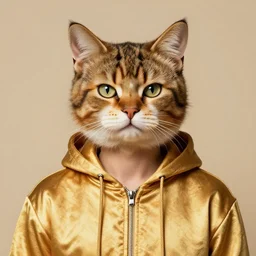 anthropomorphic portrait man man wearing kitty cat costume cat-faced kitty cat furry wearing a goldenrod hoodie calico juggalo man fuzzy ears eyes nose portrait ishbel myerscough illustration tombow
