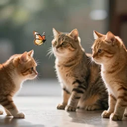 Cats following a butterfly, 40nm lens, shallow depth of field, split lighting, 4k,