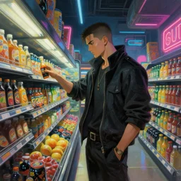 cyberpunk man shopping at a neon soaked grocery store, science fiction painting, elegant intricate digital painting artstation, art by masamune shirow, detailed