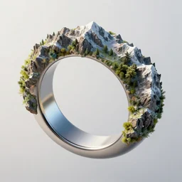 ring with a realistic mountain range on the edge of it, mini world on ring, macro, 4 k, photorealistic, fantasy