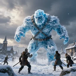 an ice golem attacking a viking city, snow, clouds, dramatic and fantasy lighting