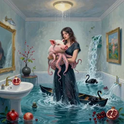 tall female emo artist holding a pig in her flooded bathroom, octopus, water gushing from ceiling, painting of flood waters inside an artist's bathroom, a river flooding indoors, pomegranates, pigs, ikebana, zen, water, octopus, river, rapids, waterfall, black swans, canoe, berries, acrylic on canvas, surrealist, by magritte and monet