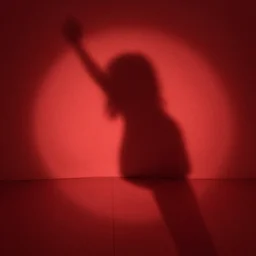 she sees her own shadow cast in red light and outlined on the floor below her and it is good