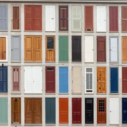 a large building facade covered by lots of different makeshift doors, photographed by andreas gursky, sony a 7 r 3, f 1 1, fully frontal view, ultra detailed,