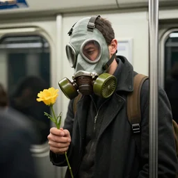 A man in a gas mask inside of a metro, looking down at a flower. Artstation.