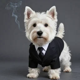 a high quality photo of a west highland white terrier wearing a suit and smoking, render, ultra realistic, cgsociety