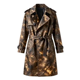 glowing trench coat, high detail macro photography, isolated on a pure white background, centered, entire object in frame, sharp focus, soft studio lighting