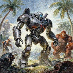 epic composition, tropical Island, Tron, mechabot, robot by Frank frazetta, Action, from jurassic World (2015), from pacific rim (2013) from King kong (2005), cgsociety, ArtStation, by drew struzan, by James gurney