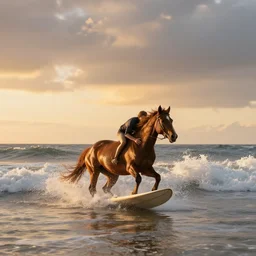 a horse surfing at the beach before sunset in malibu, high quality photo