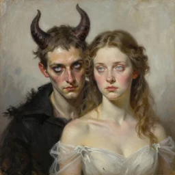 a portrait of Satan and his wife, white eyes, bored, illustration, soft lighting, soft details, painting oil on canvas by Edmund Blair Leighton and Charlie Bowater octane render, HDR, trending on artstation, 4k, 8k, HD